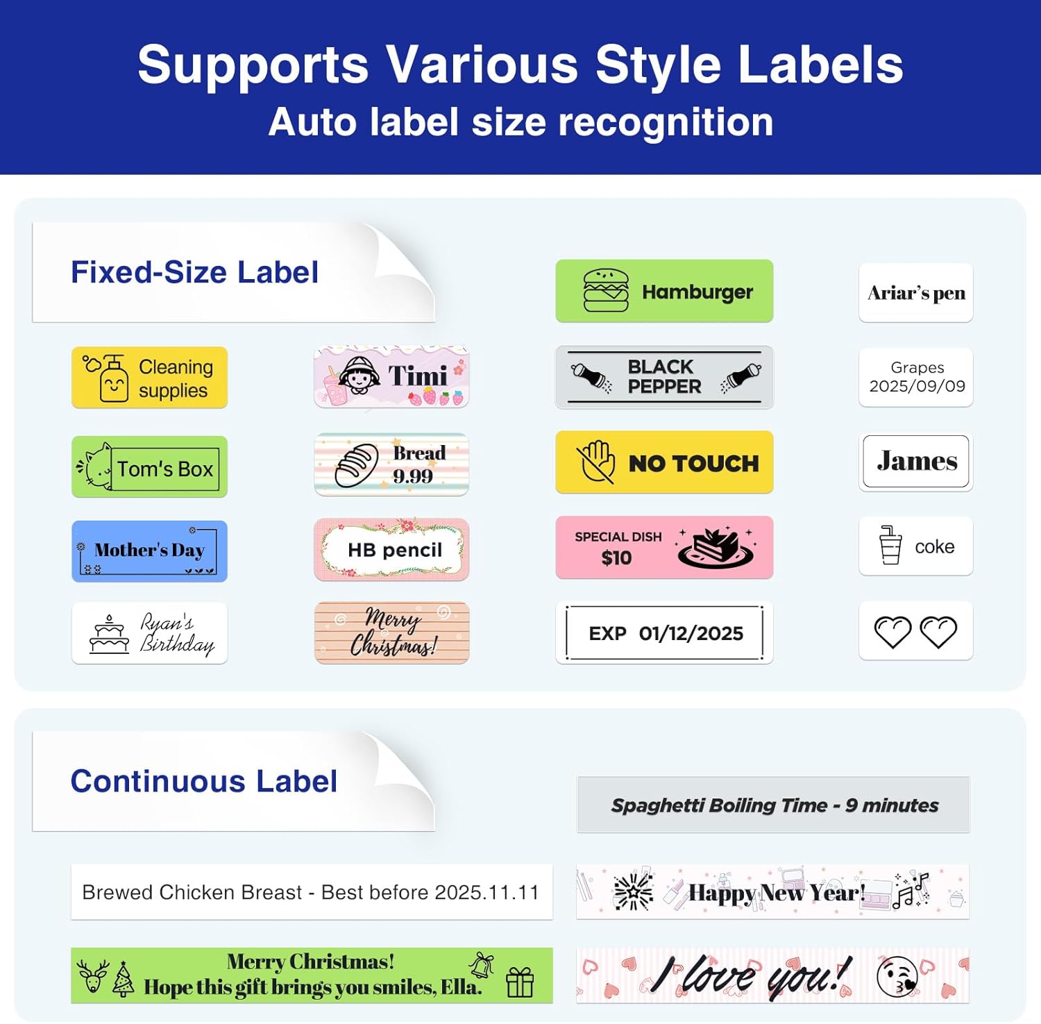 SUPVAN E11 Bluetooth Label Maker Machine with 4 Tapes, Support Keyboard & App with 30  Fonts and 660  Icons, Rechargeable Inkless Labeler for Home, Kitchen, Office, School, Organization, Black